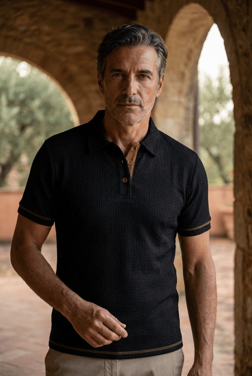 Men's Polo Shirts Textured Short Sleeve with Striped Trim