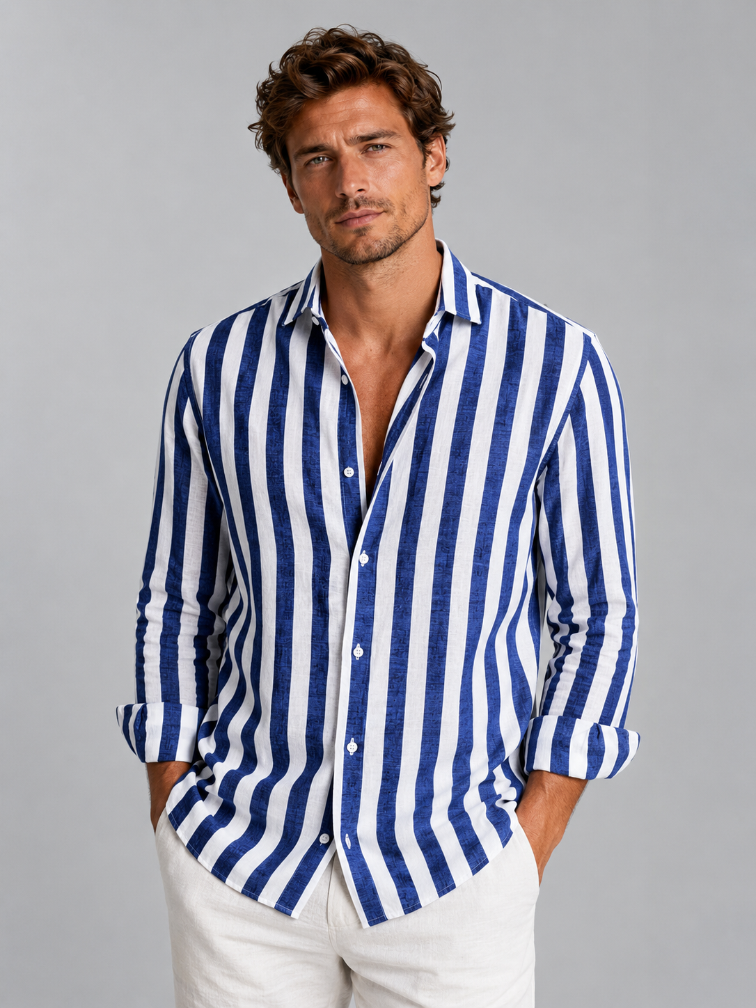 Men's Shirts in Linen Blend, Relaxed Fit with Summer Stripes