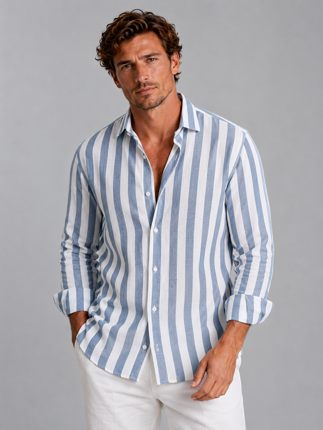 Men's Shirts in Linen Blend, Relaxed Fit with Summer Stripes