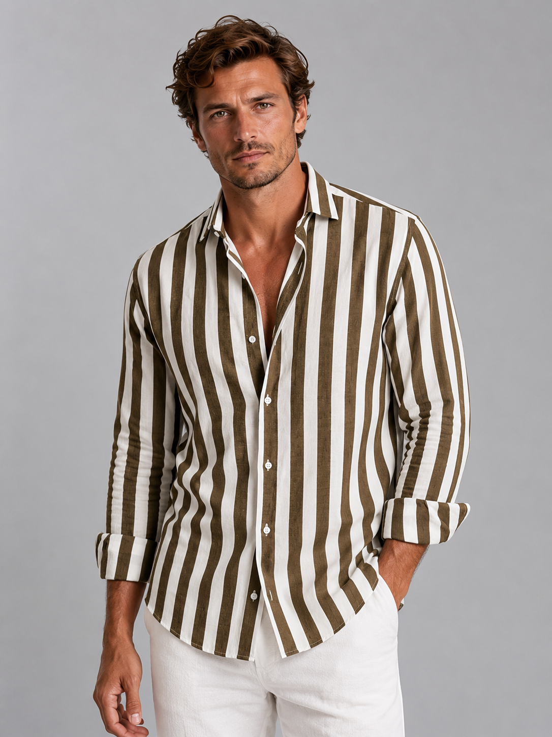 Men's Shirts in Linen Blend, Relaxed Fit with Summer Stripes