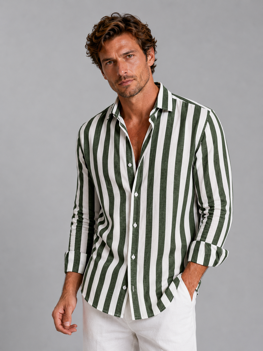 Men's Shirts in Linen Blend, Relaxed Fit with Summer Stripes