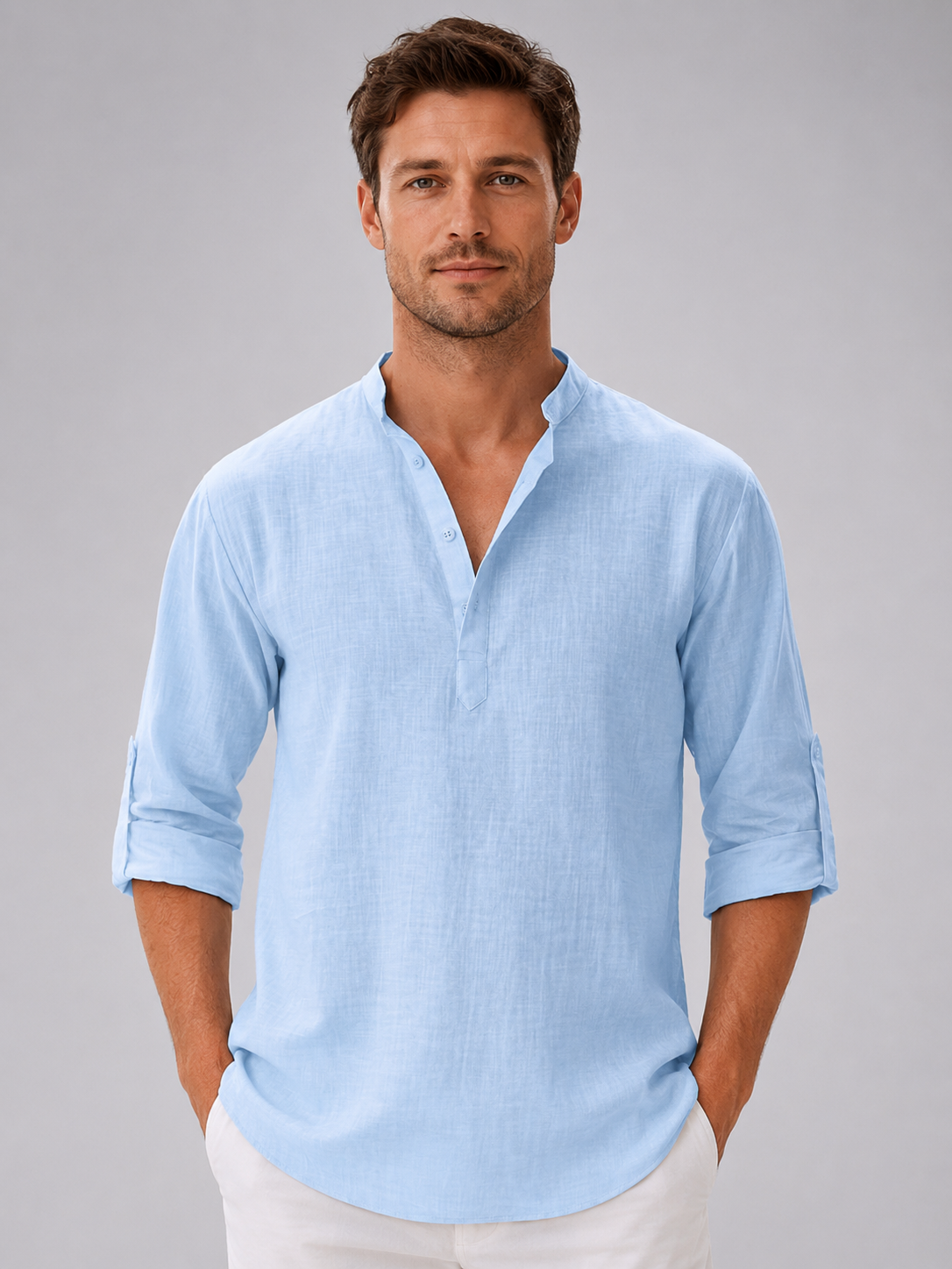 Men's Shirts Linen Blend, Relaxed Summer Fit with Stand Collar