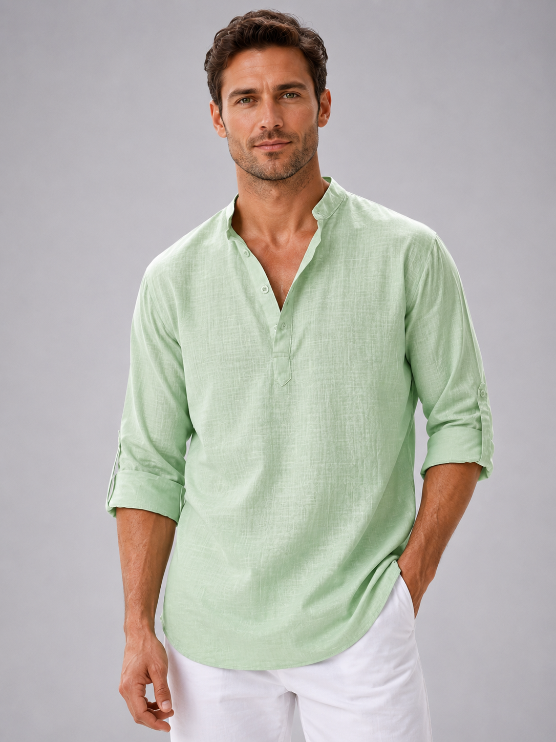 Men's Shirts Linen Blend, Relaxed Summer Fit with Stand Collar