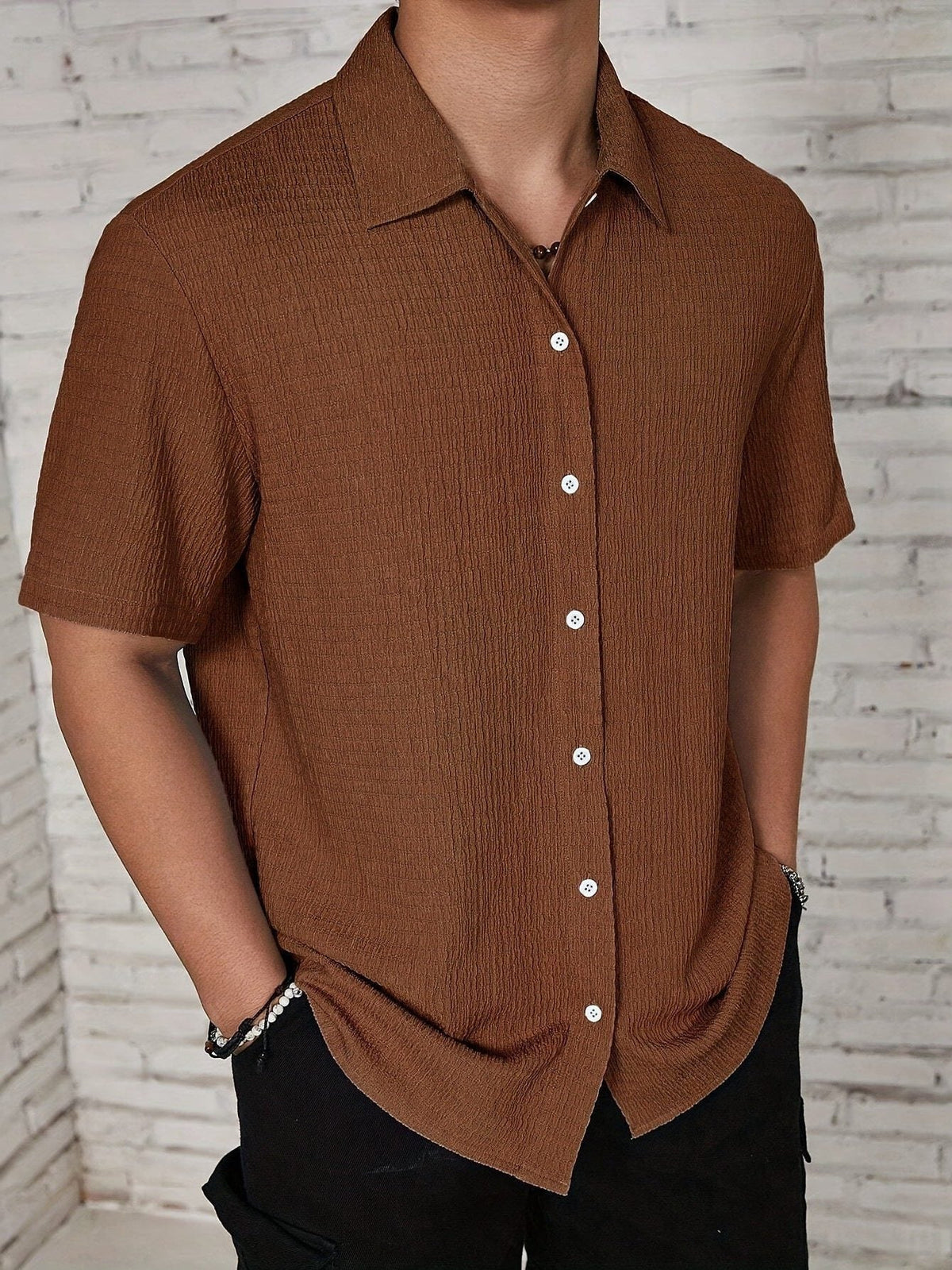 Men's Shirts with Textured Weave, Short Sleeves and Cuban Collar