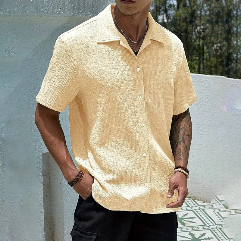 Men's Shirts with Textured Weave, Short Sleeves and Cuban Collar