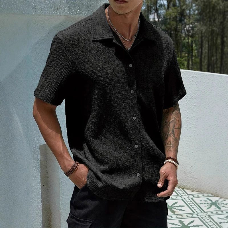 Men's Shirts with Textured Weave, Short Sleeves and Cuban Collar