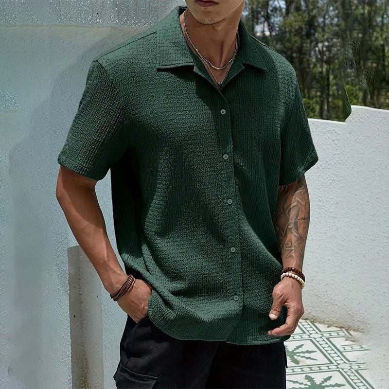 Men's Shirts with Textured Weave, Short Sleeves and Cuban Collar