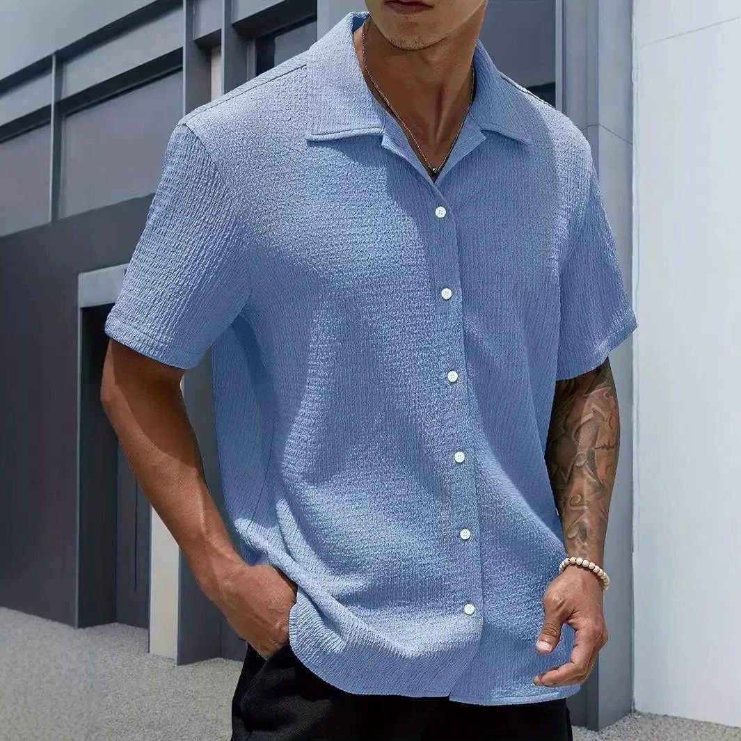 Men's Shirts with Textured Weave, Short Sleeves and Cuban Collar