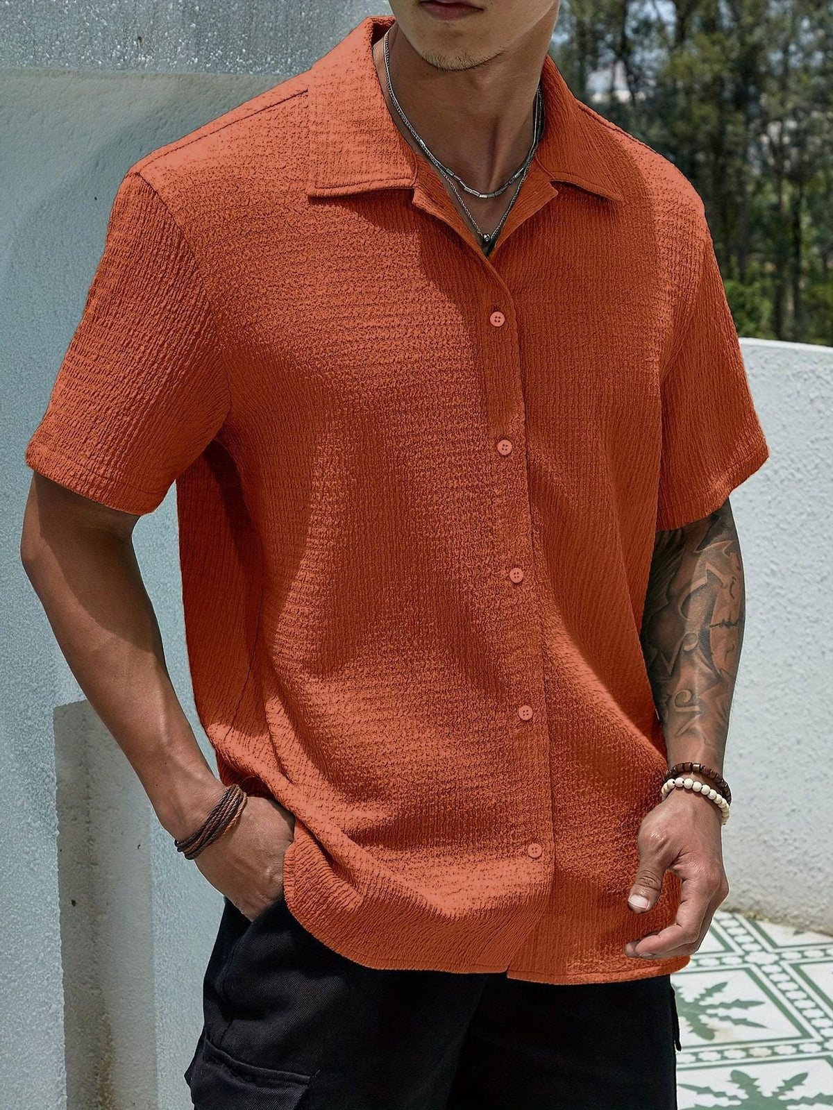 Men's Shirts with Textured Weave, Short Sleeves and Cuban Collar