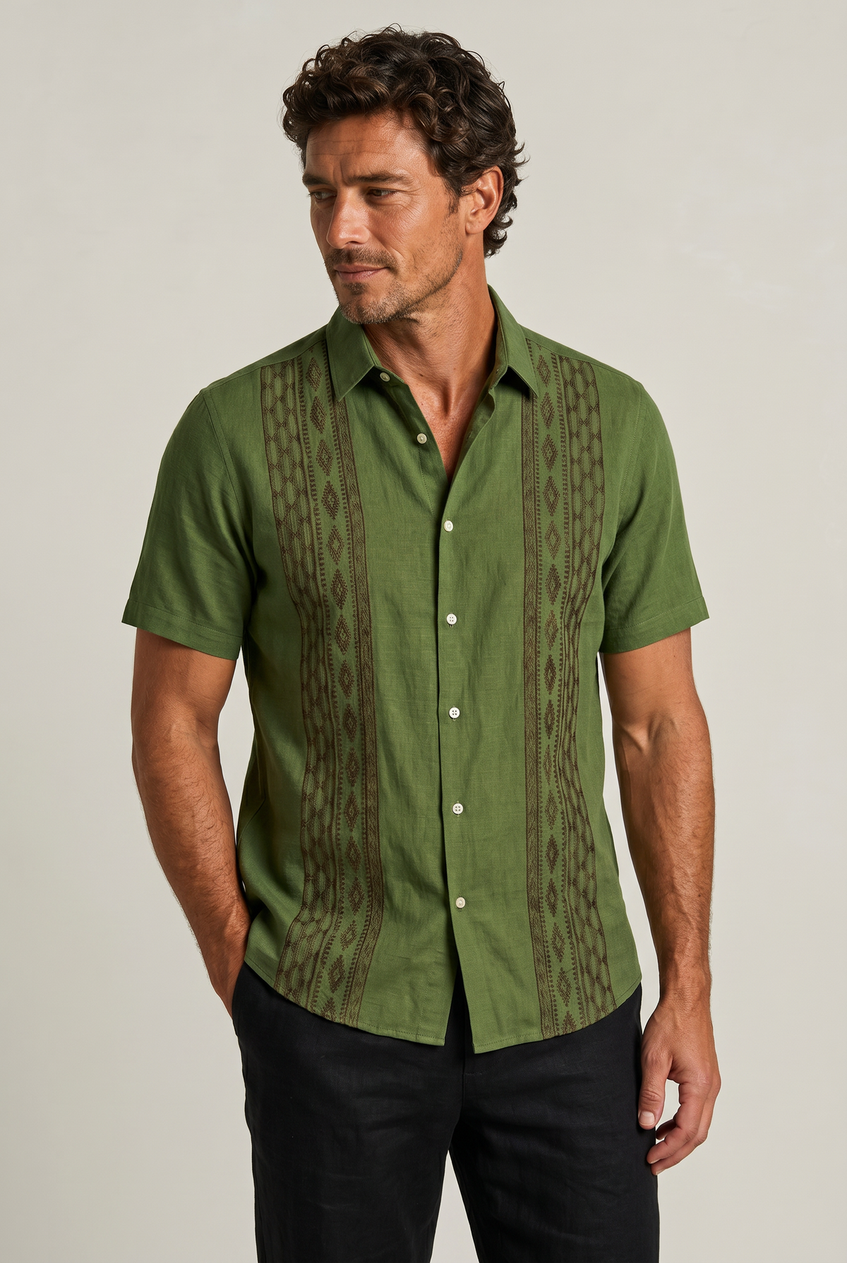 Men's Short Sleeve Shirts, Embroidered Regular Fit Summer Button Up