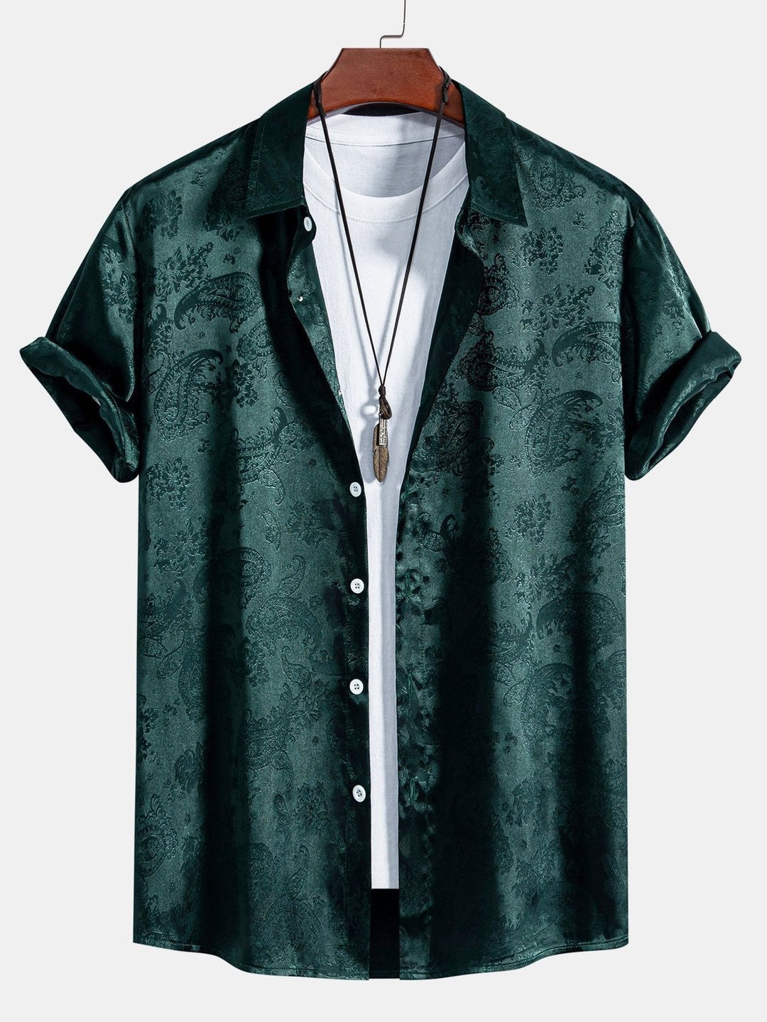 Men's Short Sleeve Shirts in Satin, Relaxed Fit with Paisley Pattern