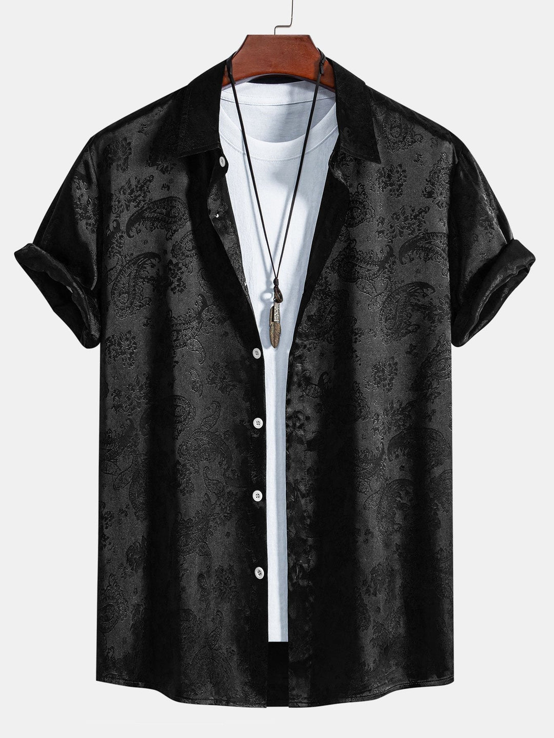 Men's Short Sleeve Shirts in Satin, Relaxed Fit with Paisley Pattern