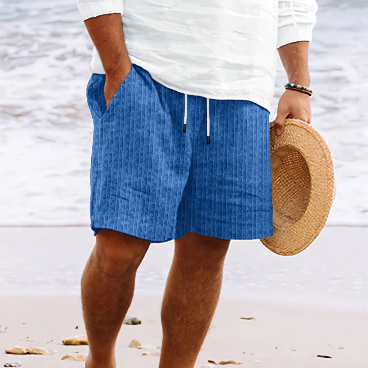 Men's Shorts with Drawstring, Loose Fit Striped Beach Style