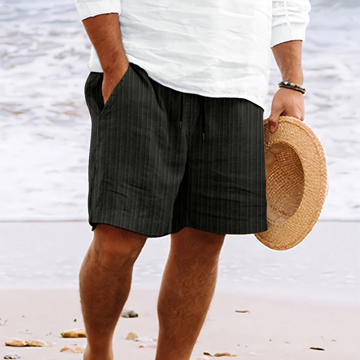 Men's Shorts with Drawstring, Loose Fit Striped Beach Style