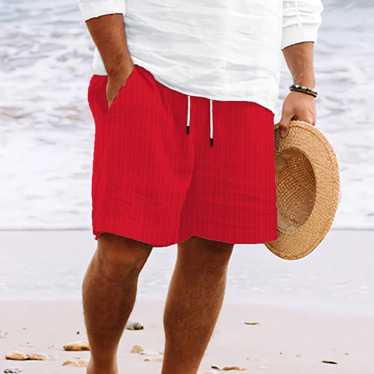 Men's Shorts with Drawstring, Loose Fit Striped Beach Style