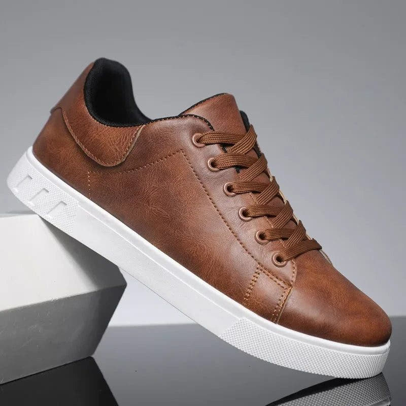 Men's Sneakers Leather Lace-Up with Contrast Sole, Casual Shoes