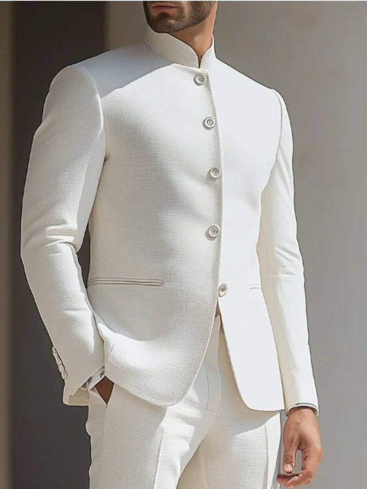Men's Nehru Collar Two-Piece Suit, Textured Tailored Fit