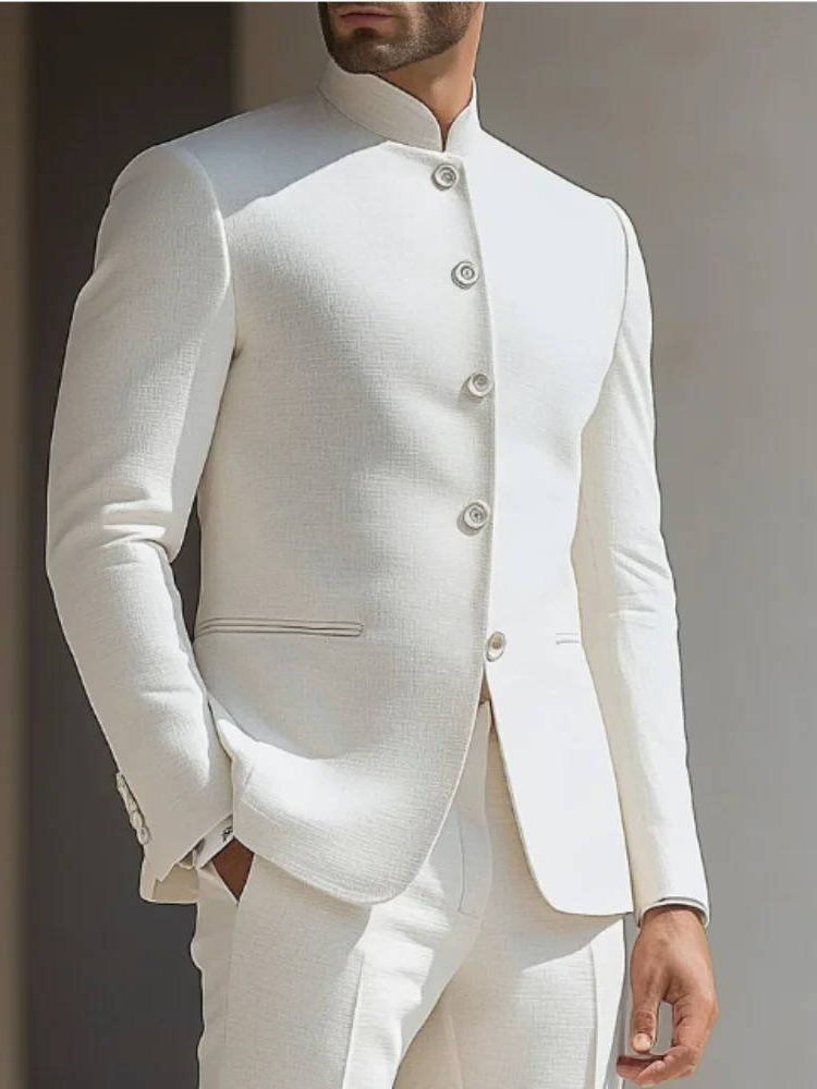 Men's Nehru Collar Two-Piece Suit, Textured Tailored Fit