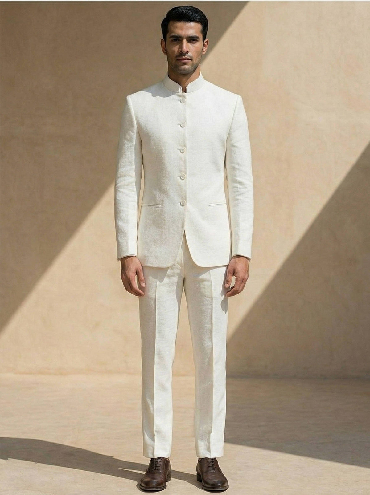 Men's Nehru Collar Two-Piece Suit, Textured Tailored Fit