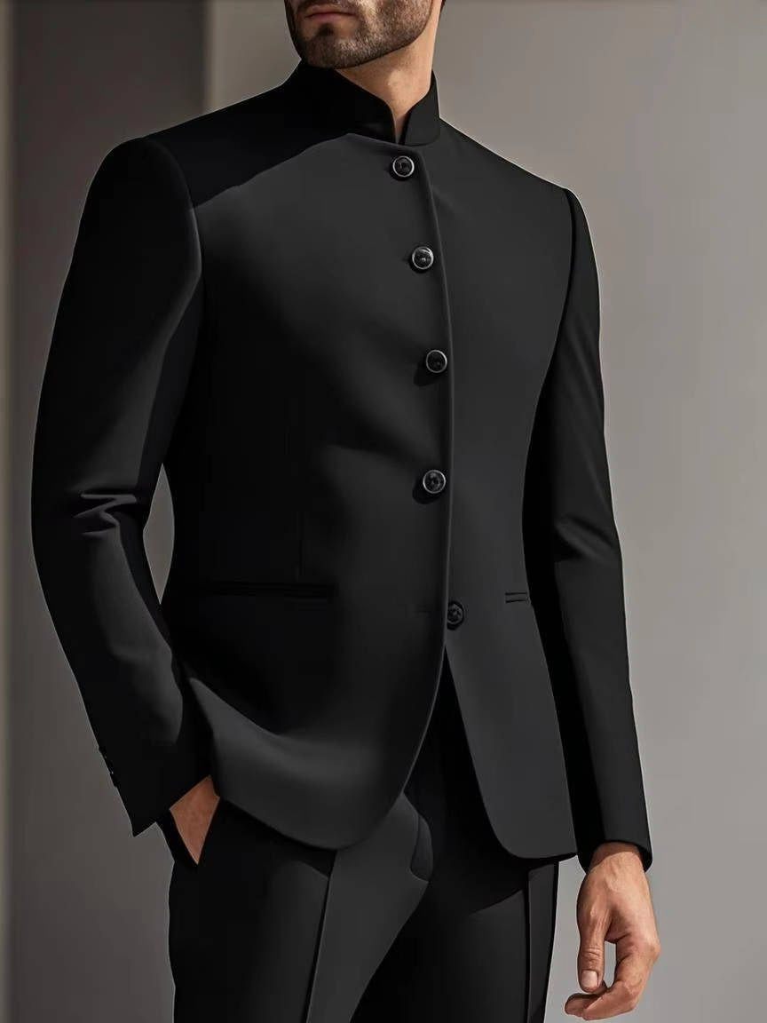 Men's Nehru Collar Two-Piece Suit, Textured Tailored Fit