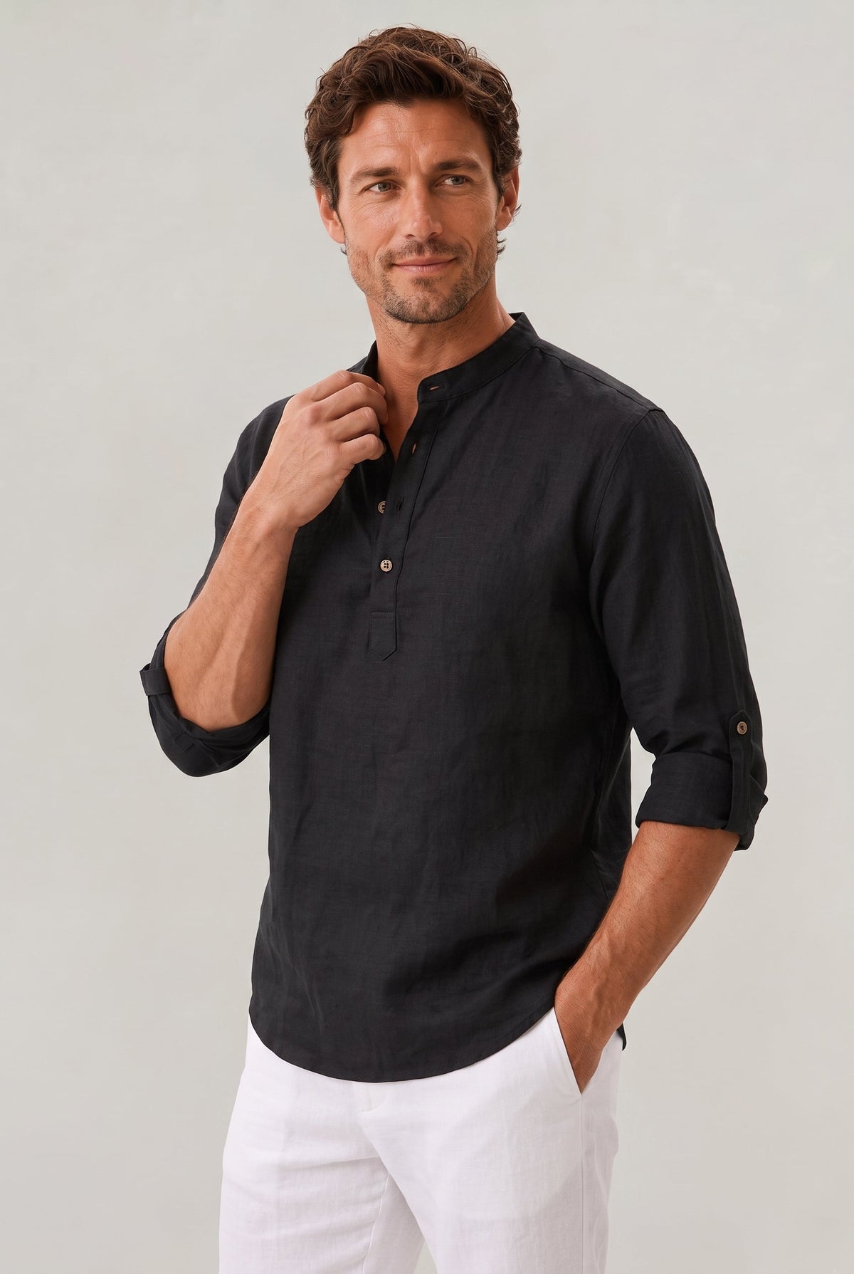 Men's T Shirts Linen Relaxed Fit, Henley Shirt with Grandad Collar