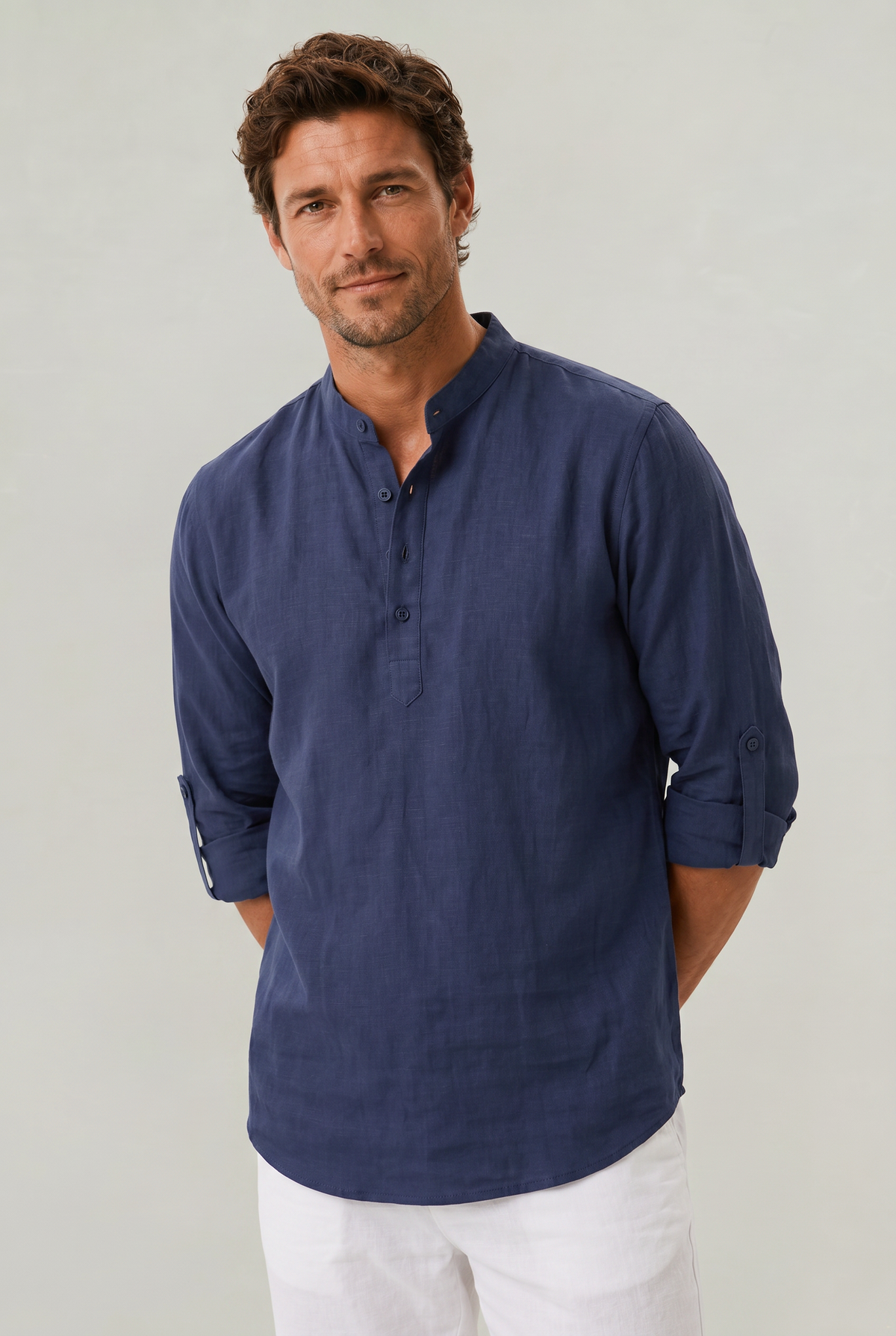 Men's T Shirts Linen Relaxed Fit, Henley Shirt with Grandad Collar