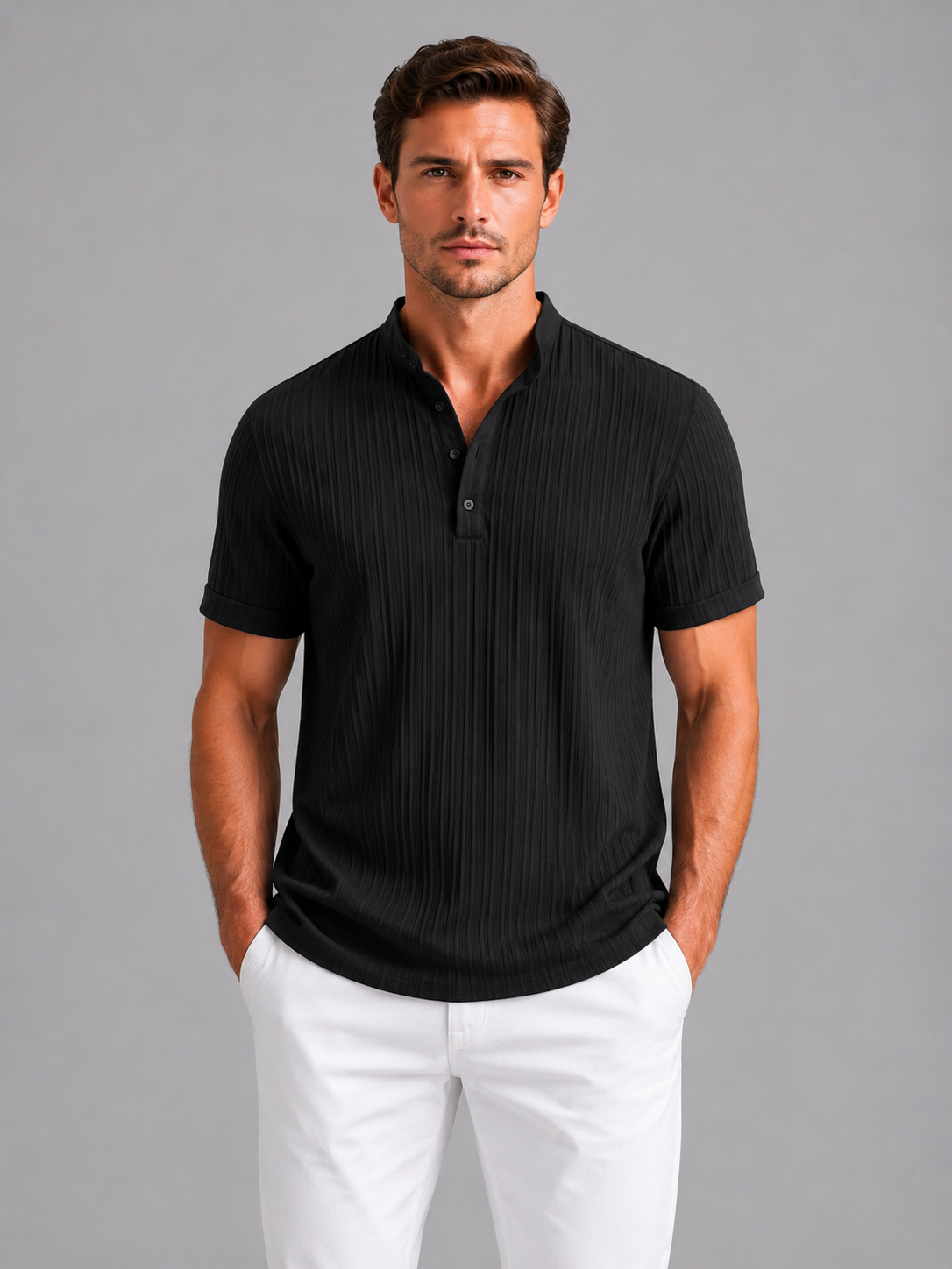 Men's T Shirts, Ribbed Lightweight Henley with Short Sleeves