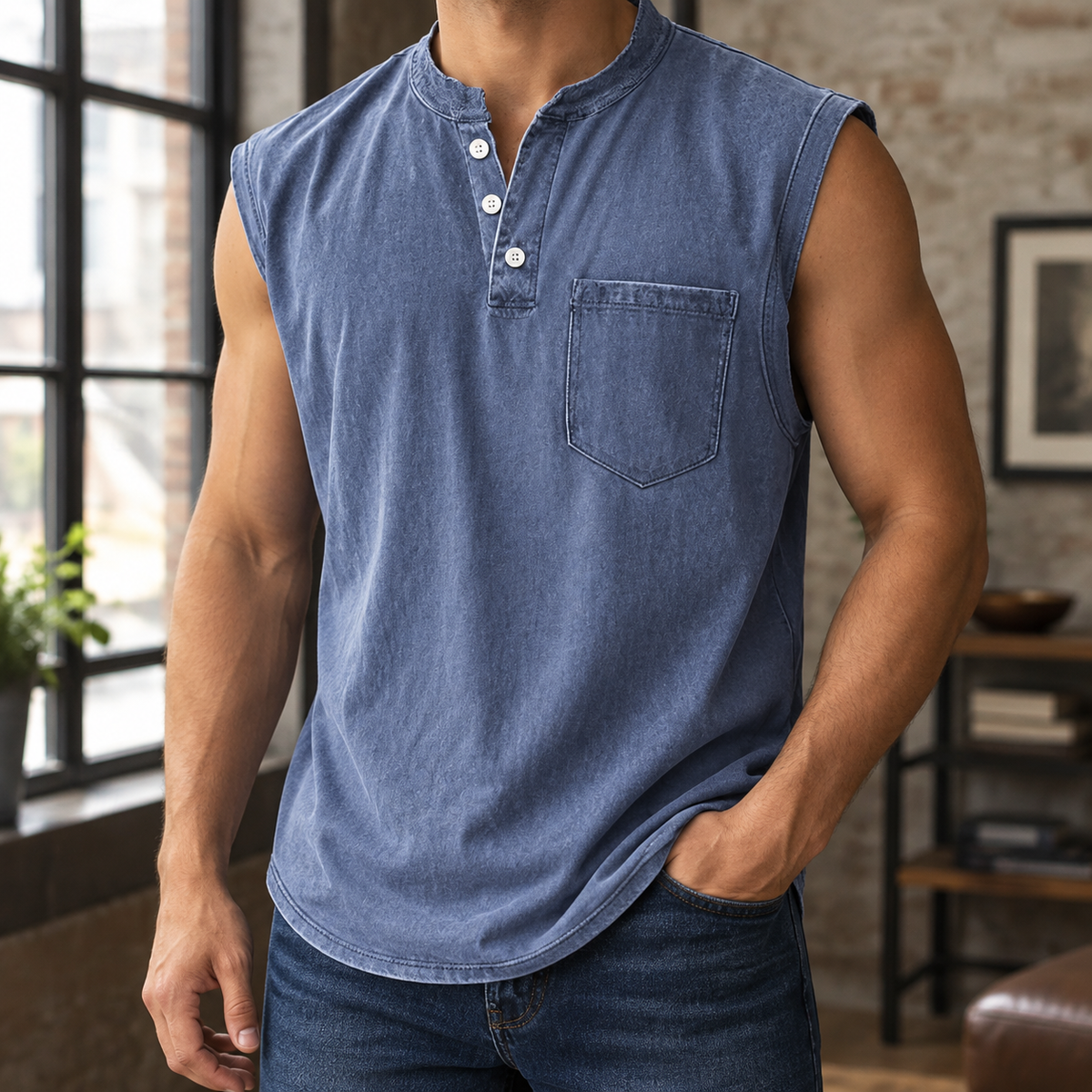 Men's T Shirts Soft Woven Blend, Relaxed Sleeveless Henley