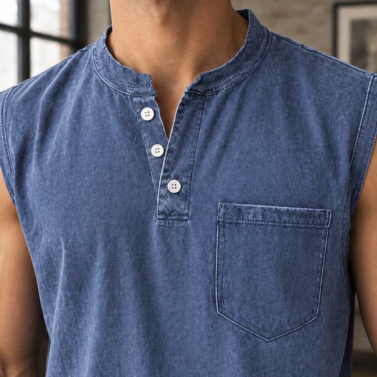 Men's T Shirts Soft Woven Blend, Relaxed Sleeveless Henley