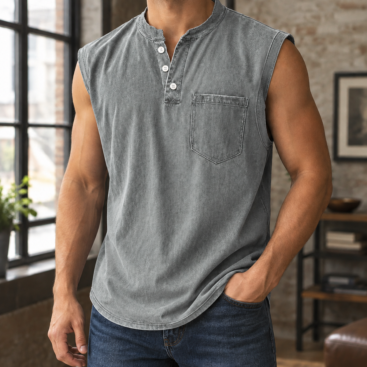 Men's T Shirts Soft Woven Blend, Relaxed Sleeveless Henley