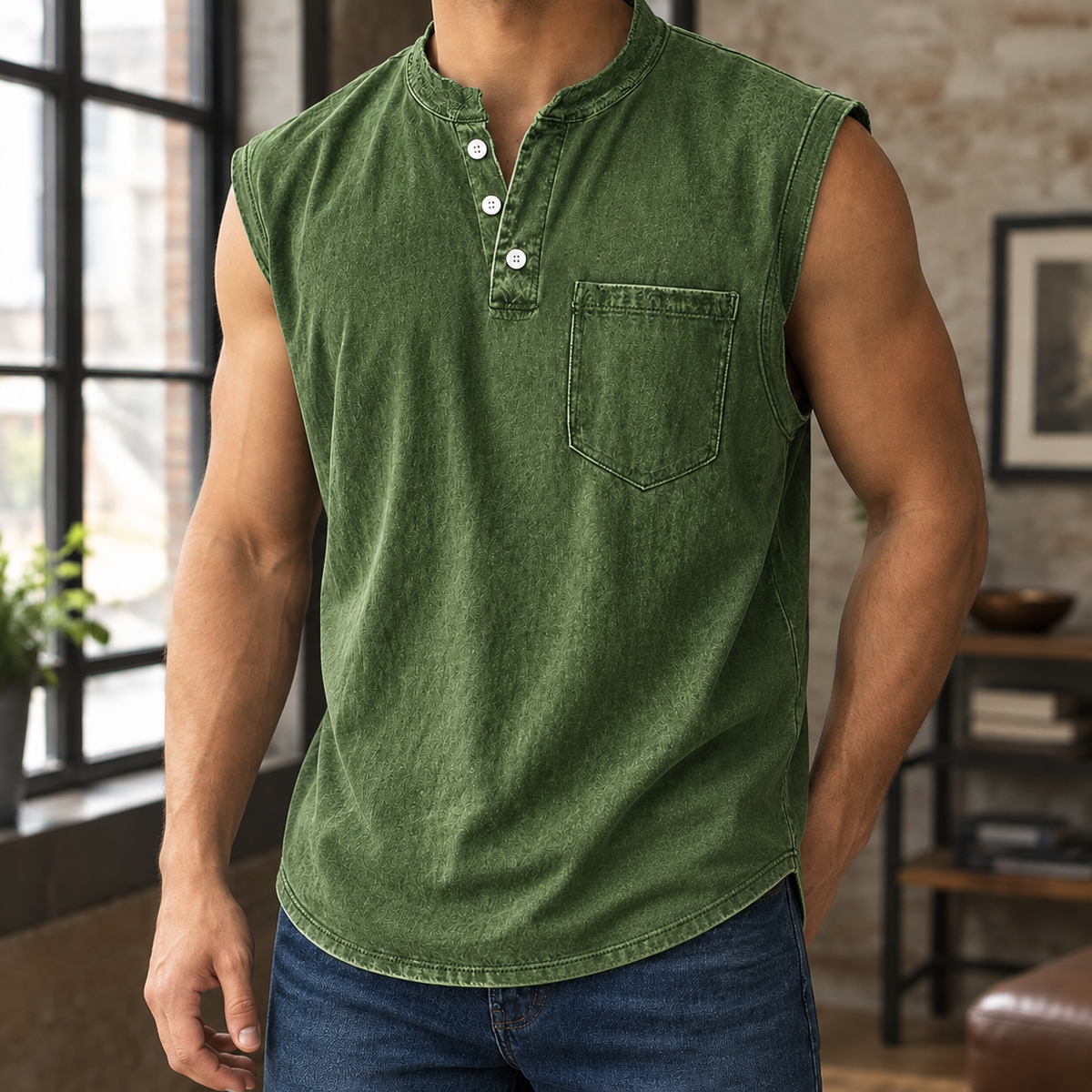 Men's T Shirts Soft Woven Blend, Relaxed Sleeveless Henley
