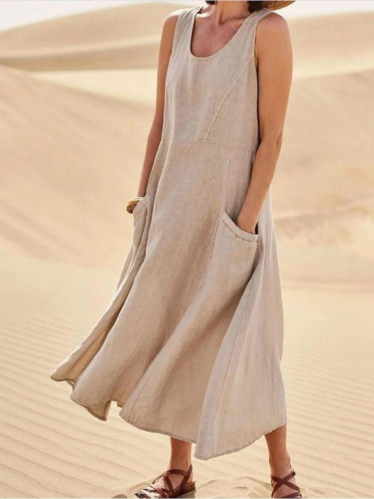 Midi Dress with A-Line Cut and Scoop Neck for Women