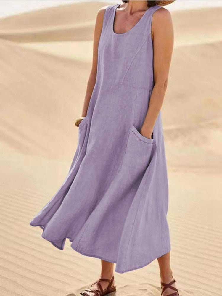 Midi Dress with A-Line Cut and Scoop Neck for Women