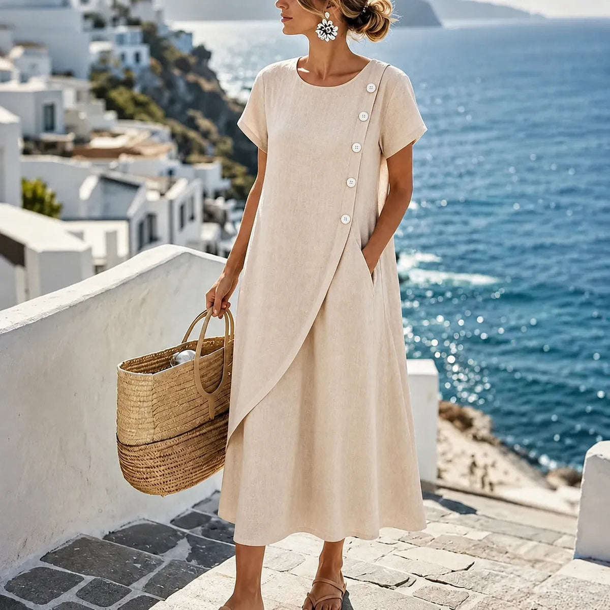 Midi Dress with Asymmetric Buttons and Pockets