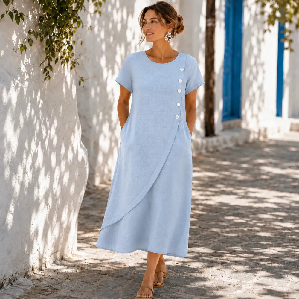Midi Dress with Asymmetric Buttons and Pockets