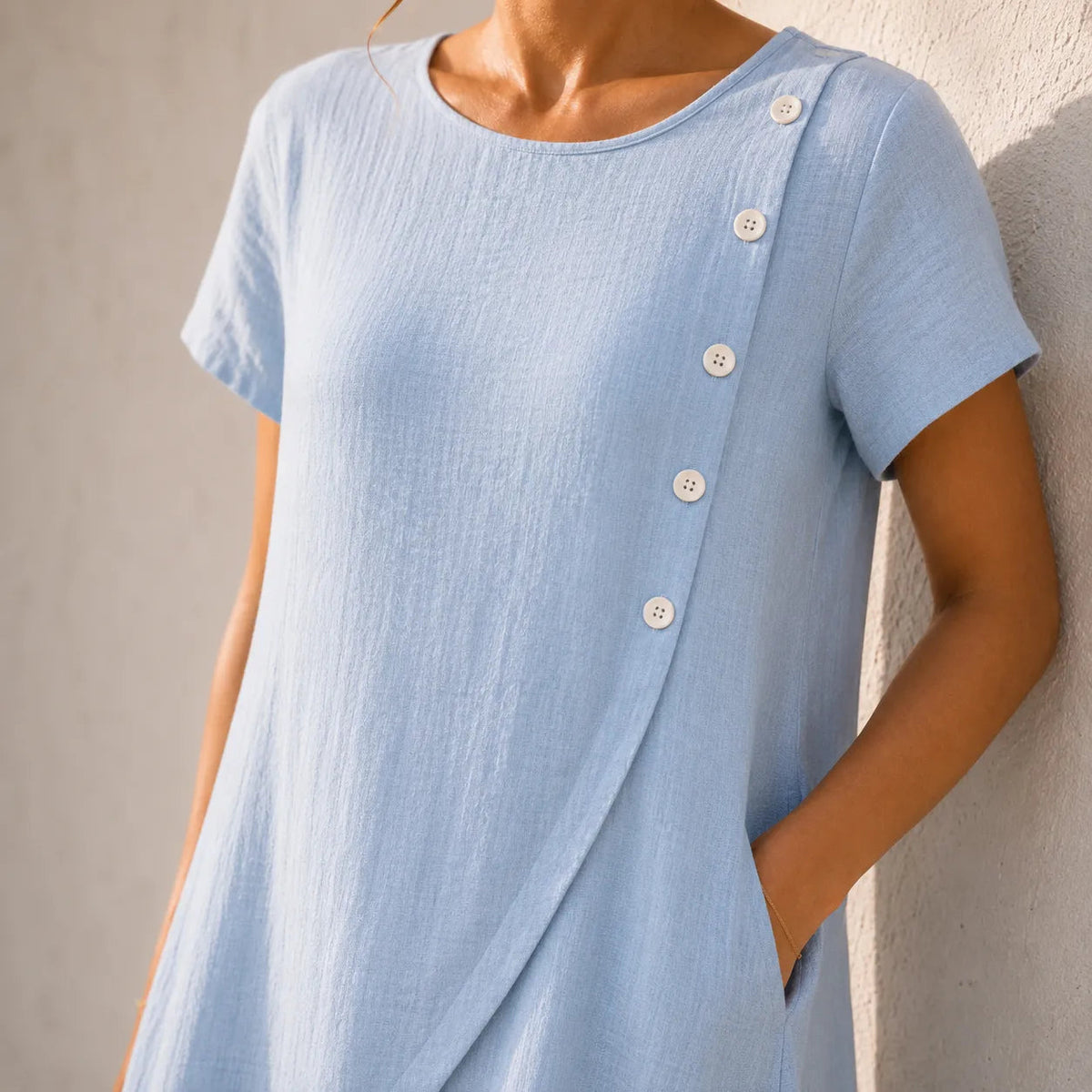 Midi Dress with Asymmetric Buttons and Pockets