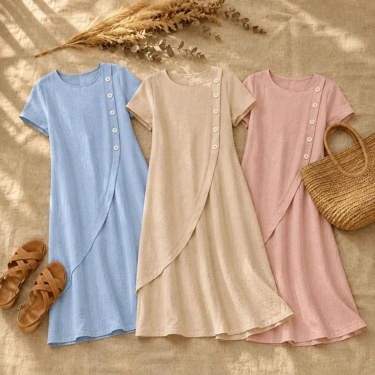 Midi Dress with Asymmetric Buttons and Pockets