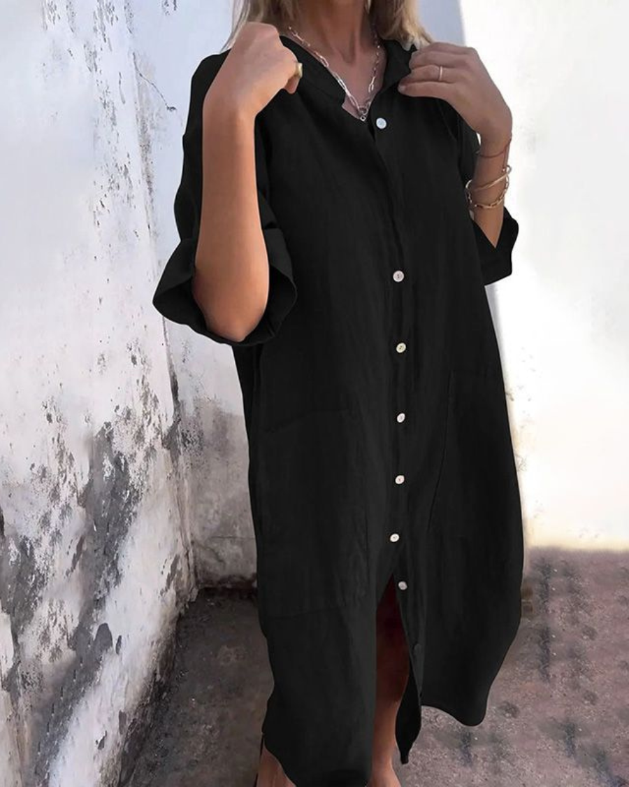 Midi Dress with Button Front and Loose Fit for Women