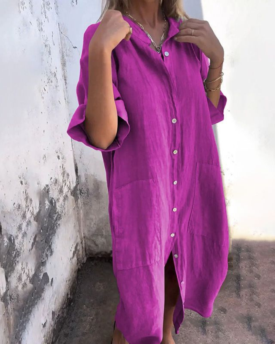 Midi Dress with Button Front and Loose Fit for Women