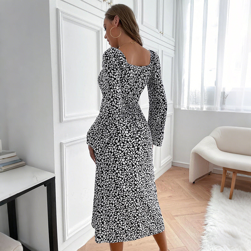 Midi Dress with Floral Print and Trumpet Sleeves for Women