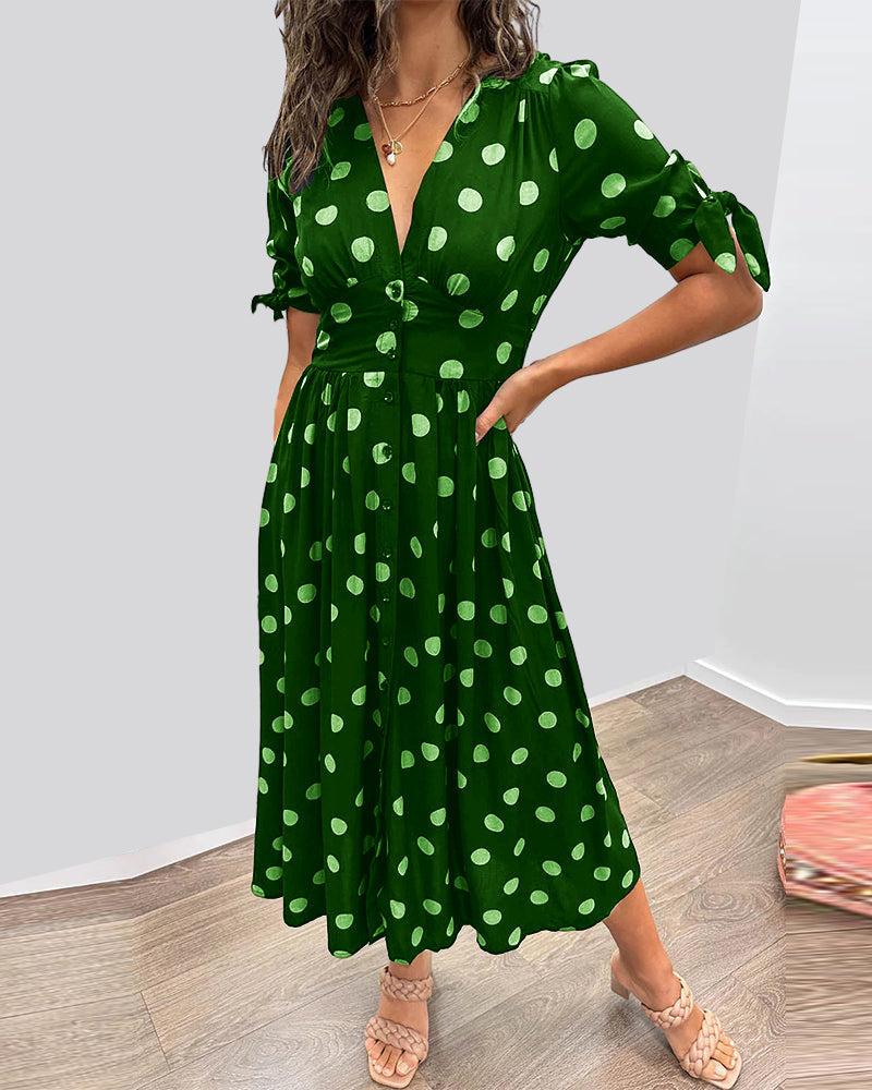 Midi Dress with Polka Dots and a Deep V-Neck