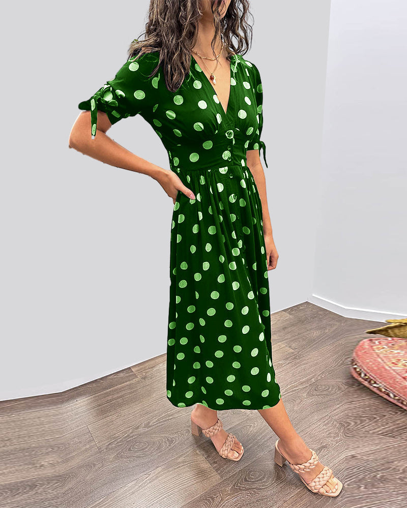 Midi Dress with Polka Dots and a Deep V-Neck