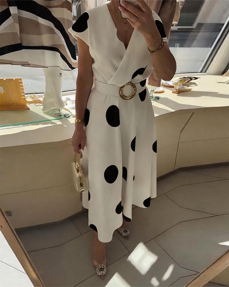 Midi Dress with Polka Dots and V-Neck for Women