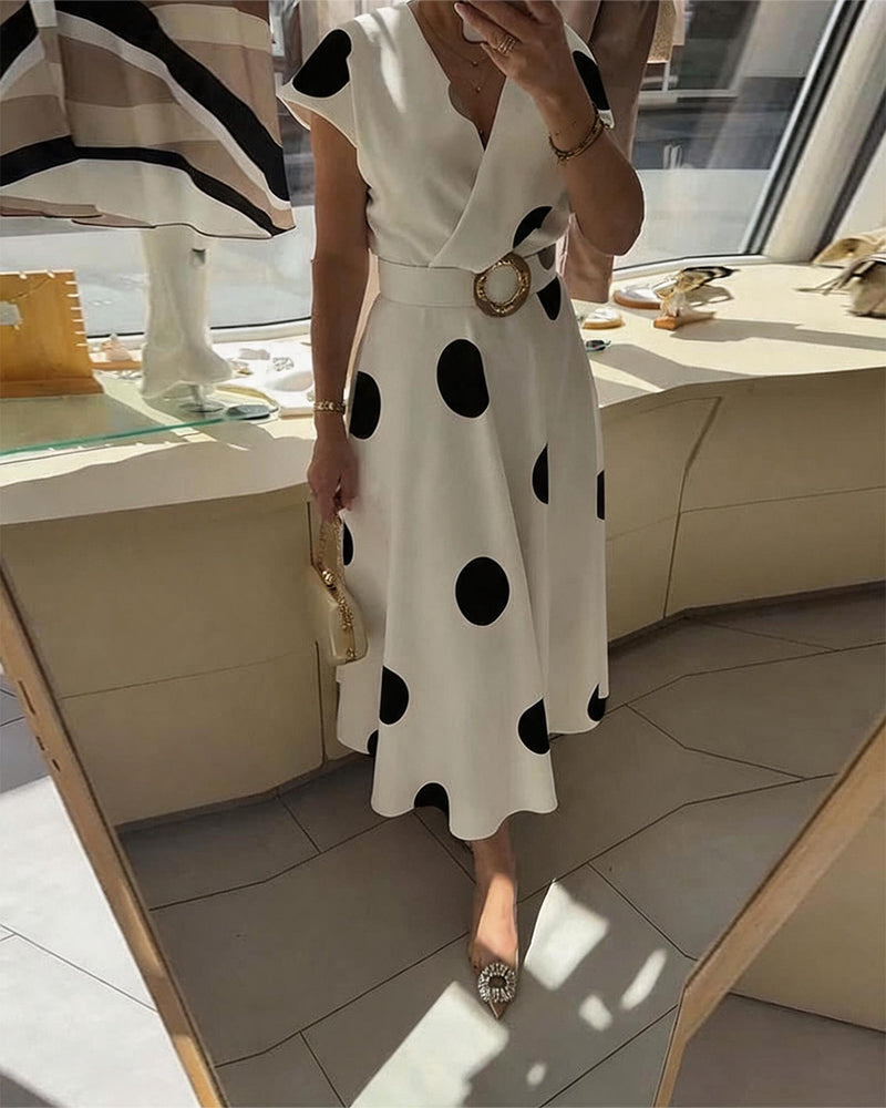 Midi Dress with Polka Dots and V-Neck for Women