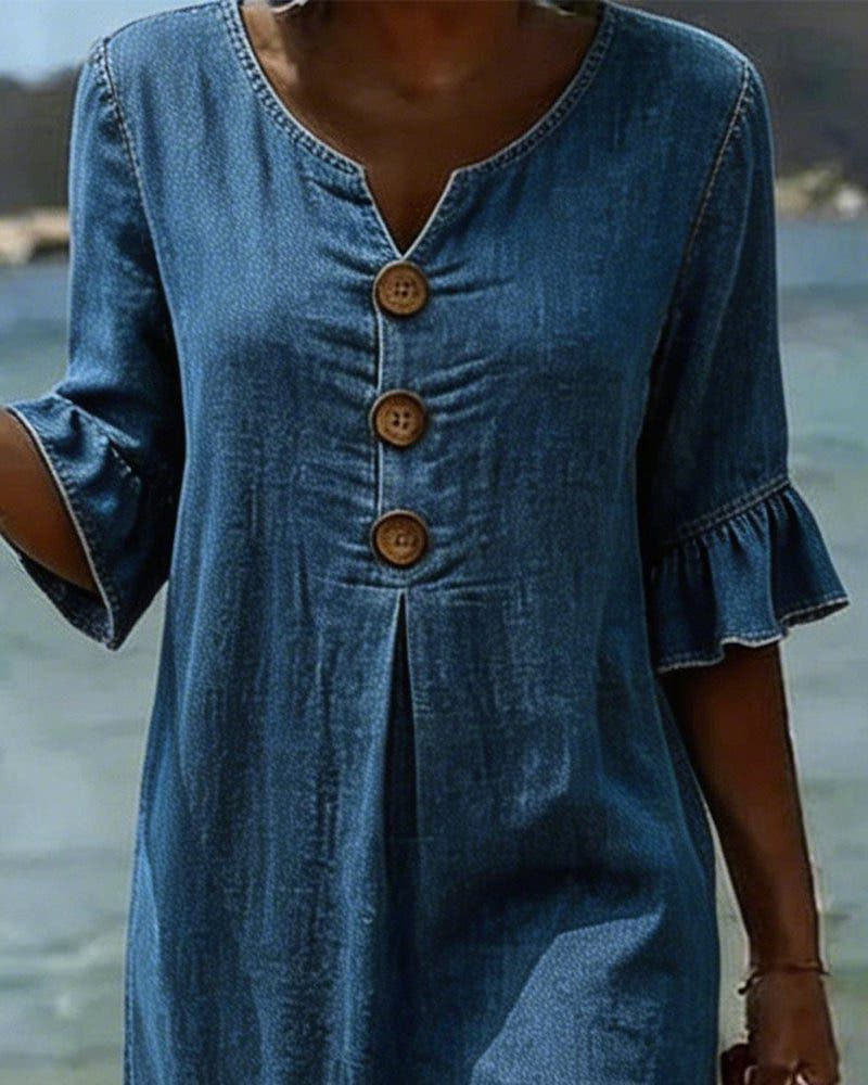 Midi Dress with Ruffle Sleeves and Button Front for Women