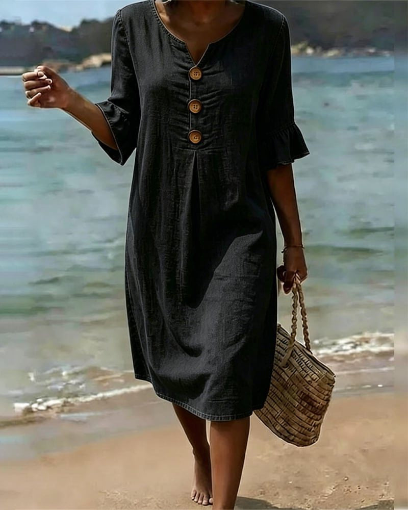 Midi Dress with Ruffle Sleeves and Button Front for Women