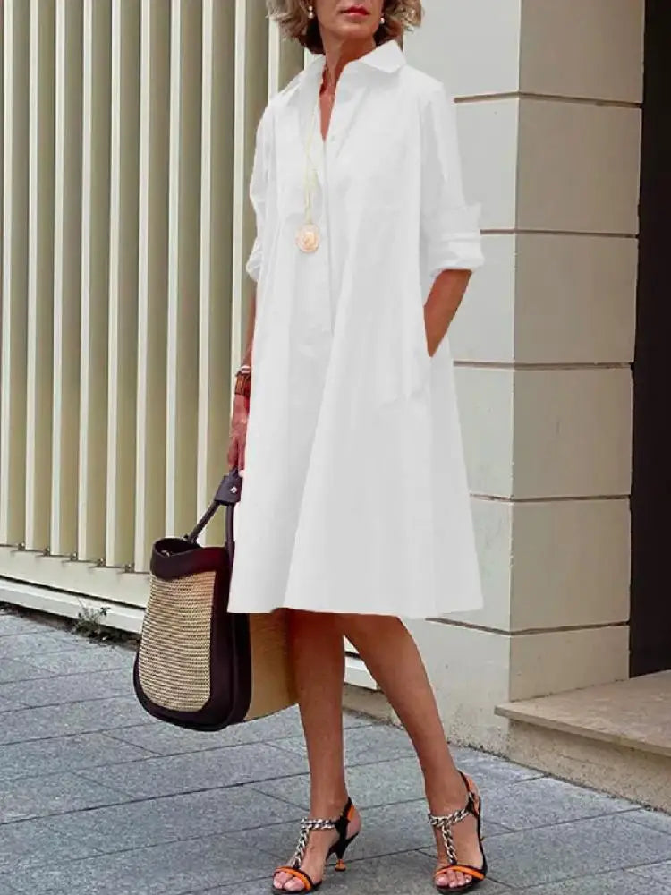 Midi Dress with Shirt Collar and Loose Fit for Women