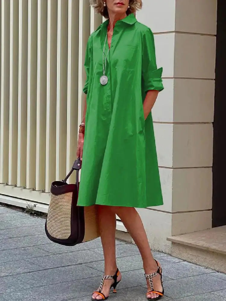 Midi Dress with Shirt Collar and Loose Fit for Women