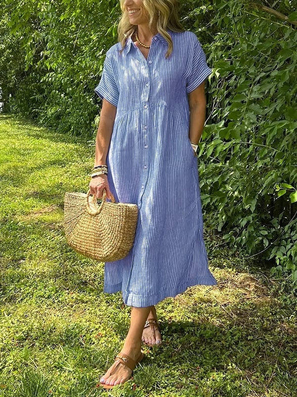 Midi Dress with Stripes and Short Sleeves for Women