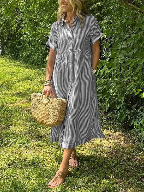 Midi Dress with Stripes and Short Sleeves for Women